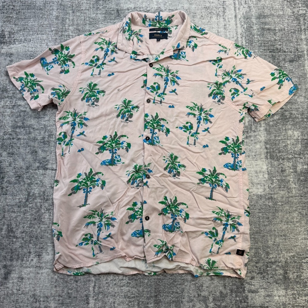 Roark Shirt Mens XL Pale Pink Hawaiian Palm Tree Classic Fit Rayon Beachy Resort